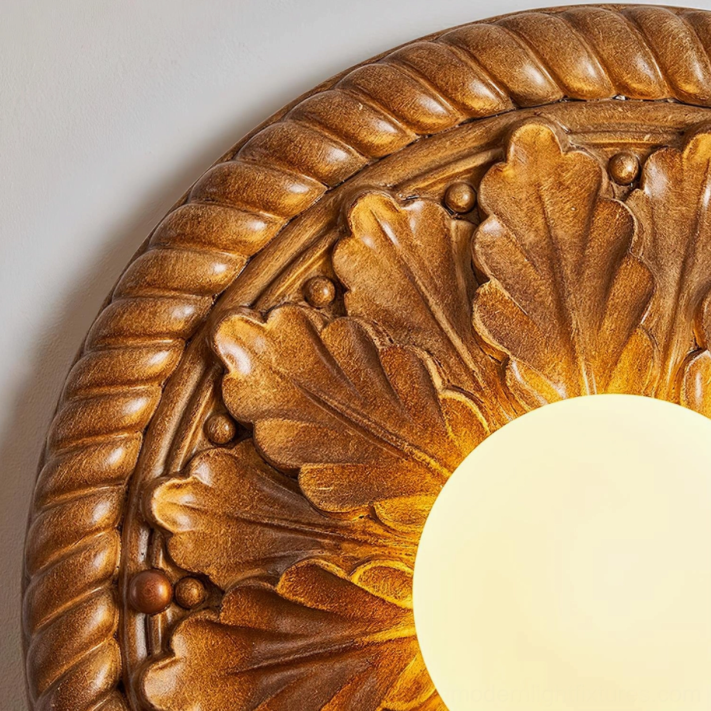 Circa carved ceiling light fixture in transitional interior blending traditional and contemporary style