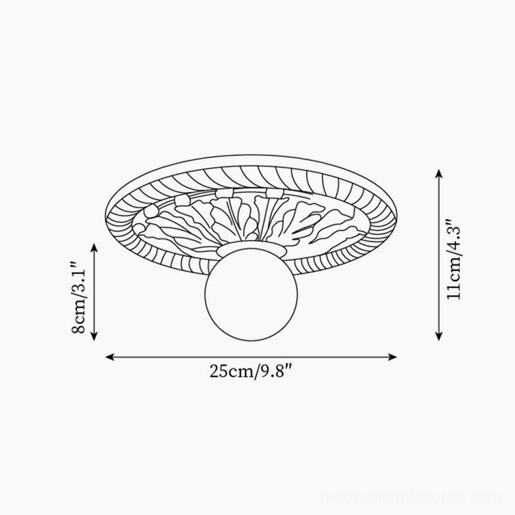 Circa ceiling light technical dimensions and floral carved base shape specification diagram