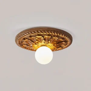 Circa ceiling light in wood grain color finish, close-up frontal detail showing carved relief border