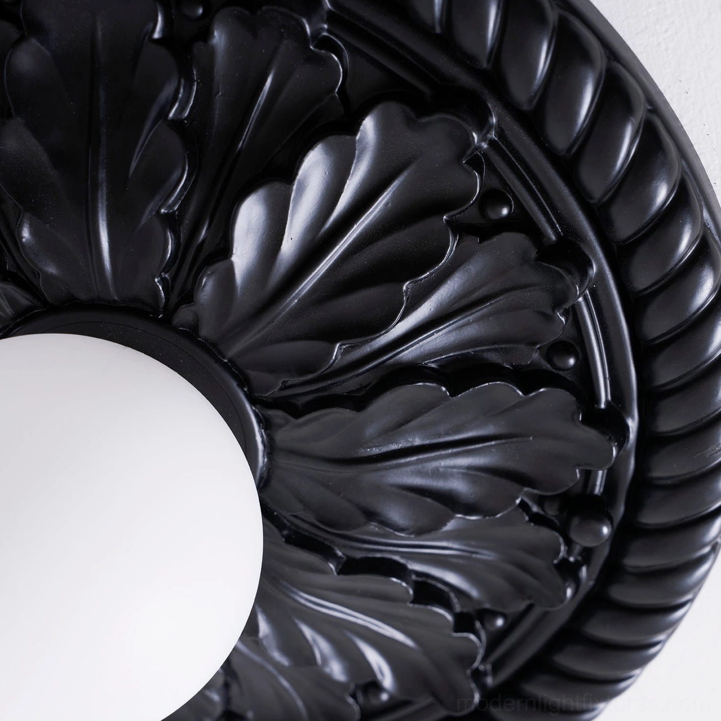 Circa ceiling light fixture in wood grain finish with neoclassical carved relief embossing detail
