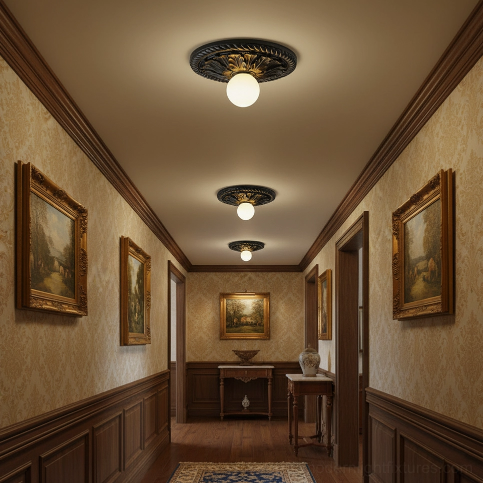 Circa matching ceiling lights in dark bronze finish along wood-trimmed vintage hallway corridor