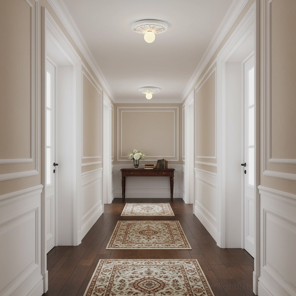 Circa white ceiling light fixture mounted as wall sconce in contemporary transitional interior