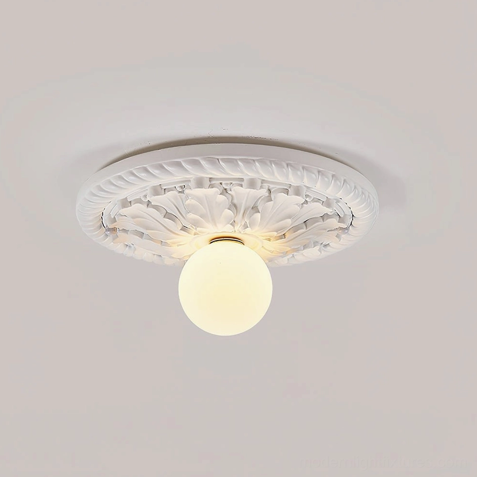 Circa white ceiling light flush-mount fixture with intricate carved relief pattern design