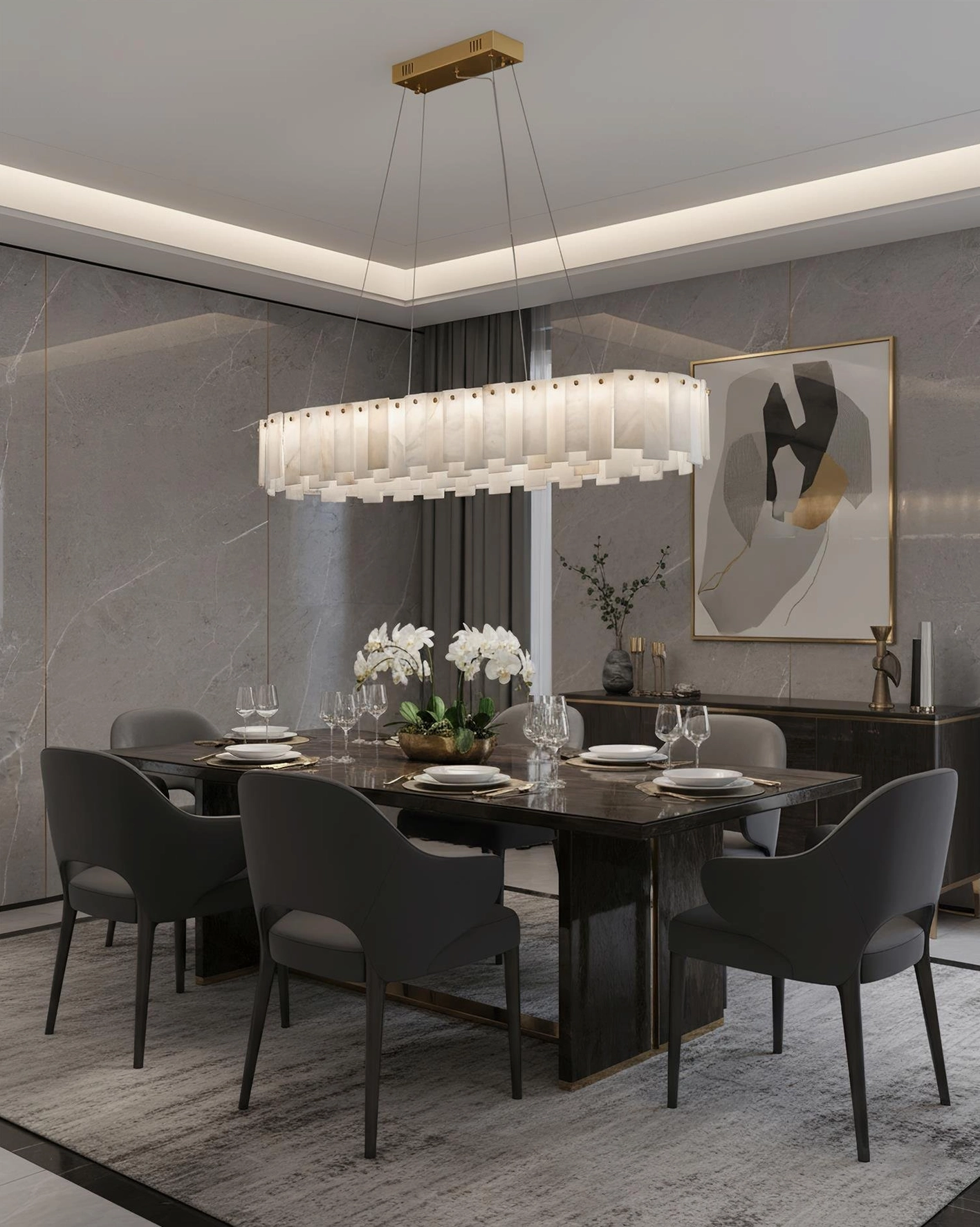 Single-tier circular alabaster chandelier with brass frame, overhead installed view showing smooth translucent stone surface with unique natural veining patterns