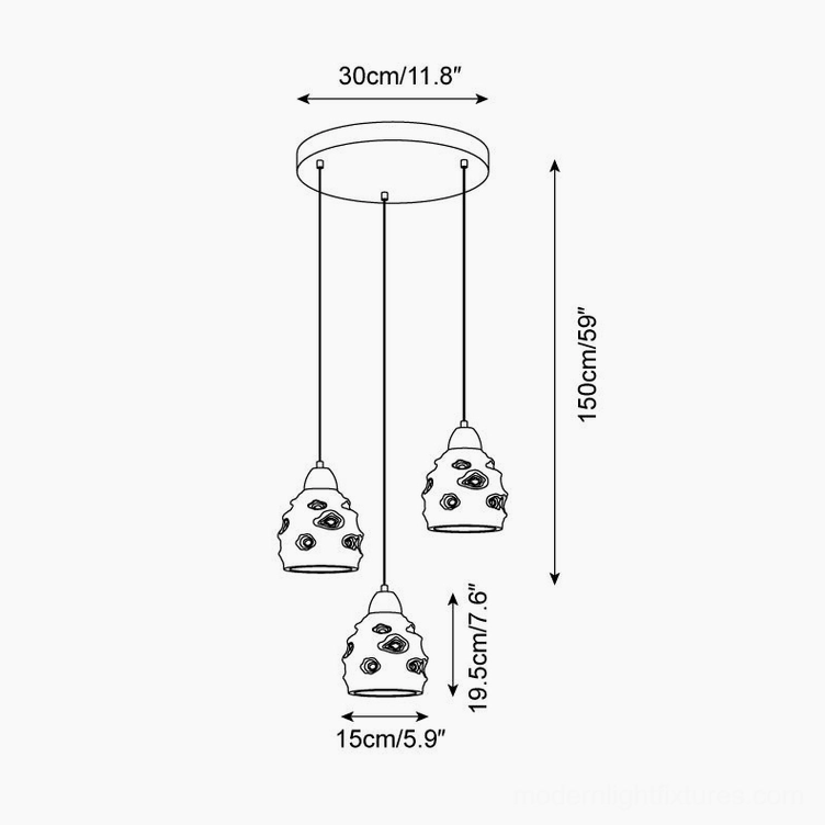 Circular 3-head ceramic pendant light technical schematic showing 30cm diameter and 150cm hanging height