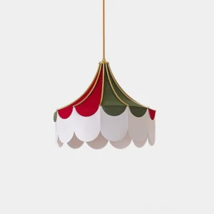 Circus scalloped fabric pendant lamp with red green and white tri-color shade and gold metal trim against white background