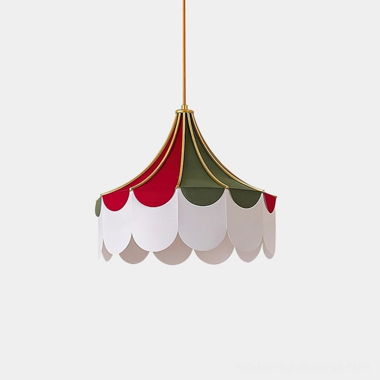 Circus scalloped fabric pendant lamp with red green and white tri-color shade and gold metal trim against white background