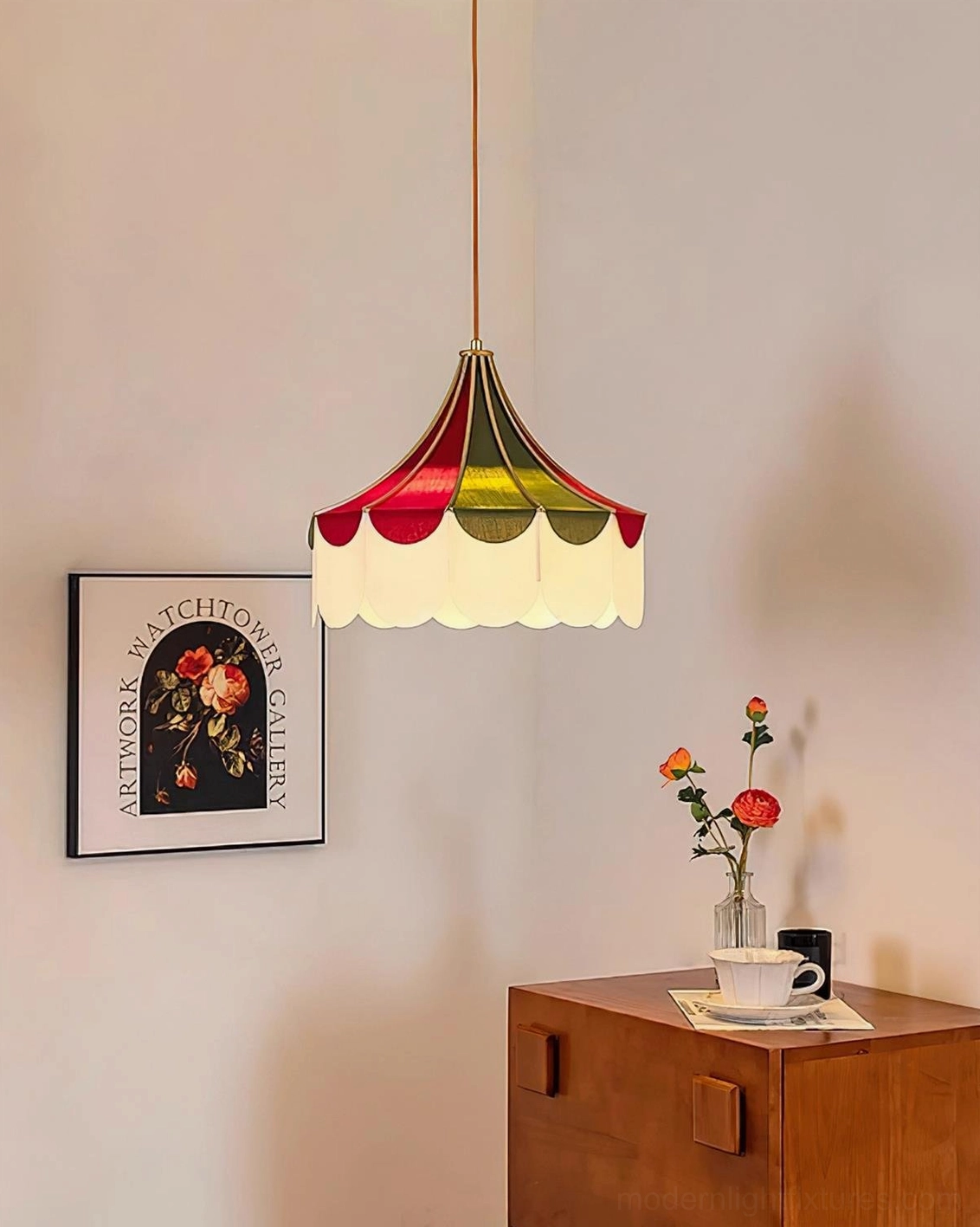 Circus-inspired fabric pendant lamp displaying full scalloped silhouette and warm tri-color palette in interior setting