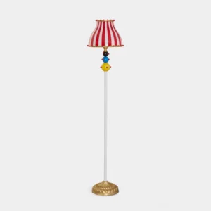 Whimsical circus striped floor lamp with red and white stripes, colorful decorative beads, golden base, full-body front view on white background