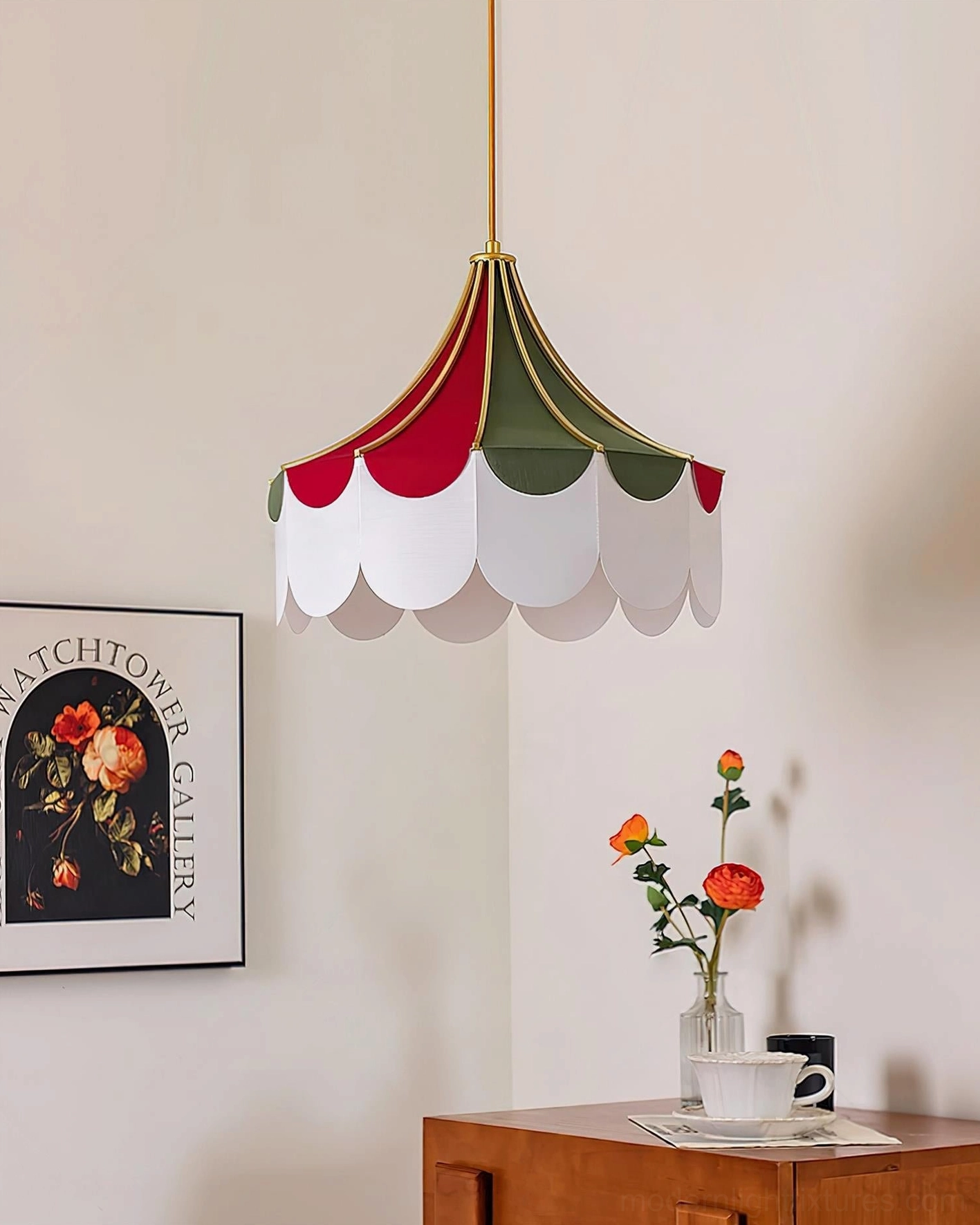 Close-up view of carousel-style fabric pendant shade with tri-color panels and scalloped bottom edge detail
