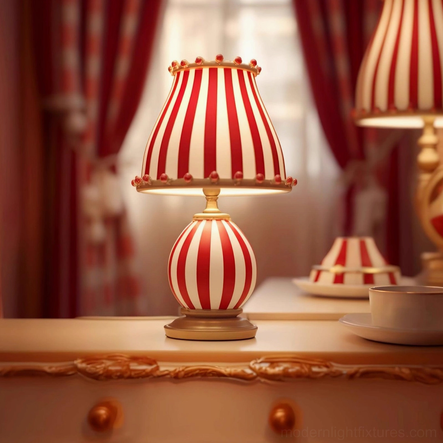 Circus striped table lamp displayed on gilded dresser with warm ambient indoor lighting