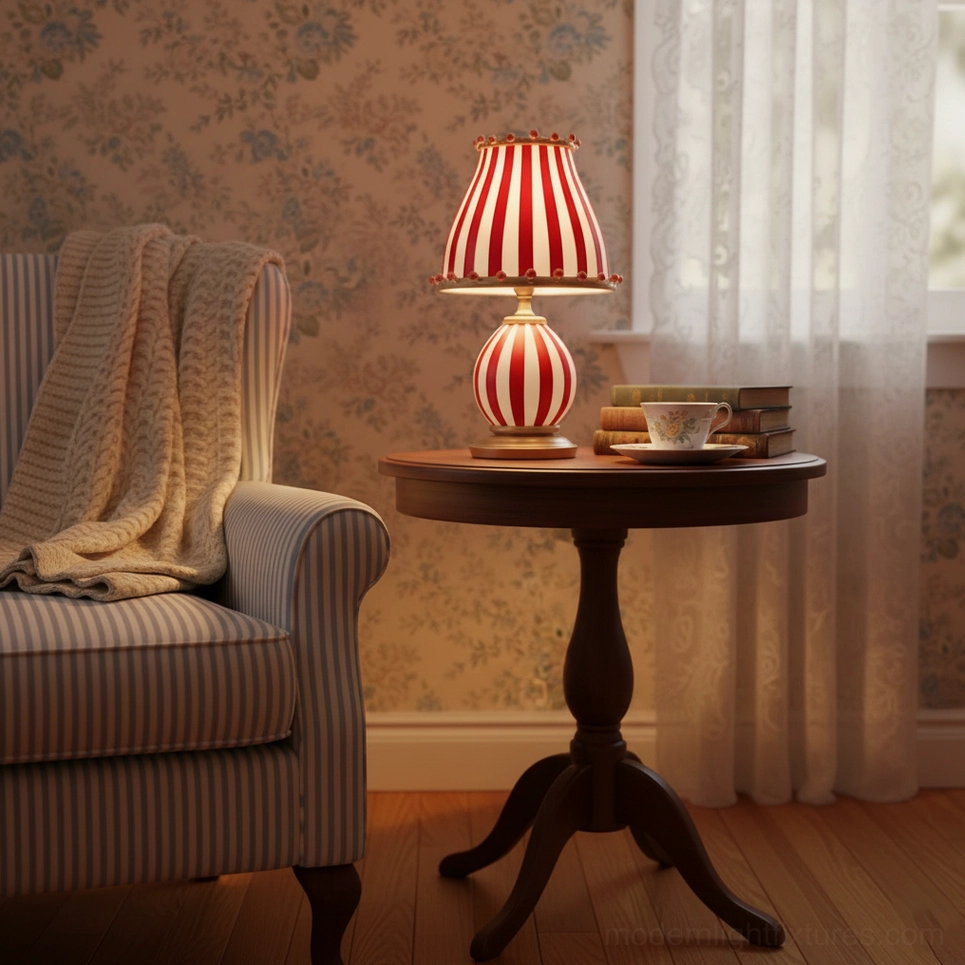 Striped carnival table lamp beside armchair and stacked books in living room