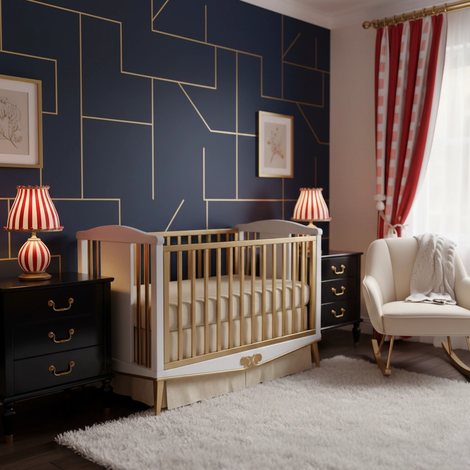 Red and white striped circus table lamps in baby nursery with matching striped curtains
