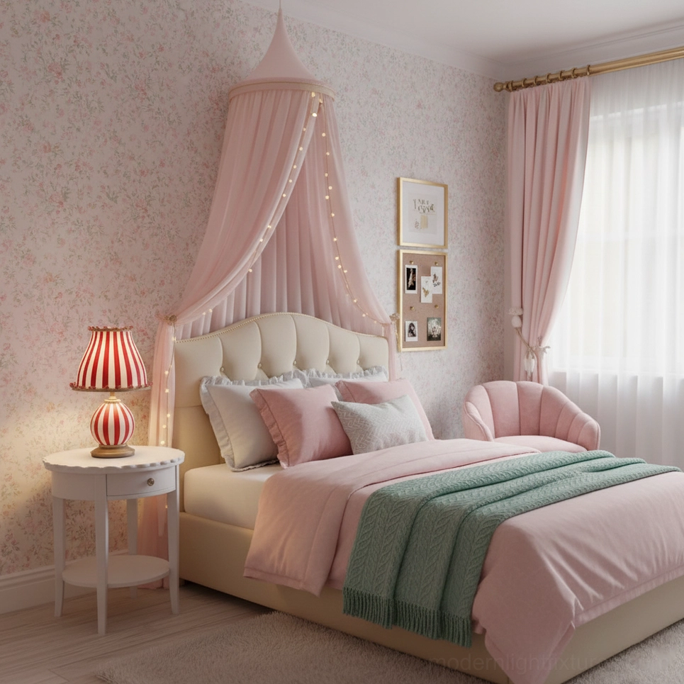 Red and white striped circus lamp in pink romantic princess-style bedroom interior