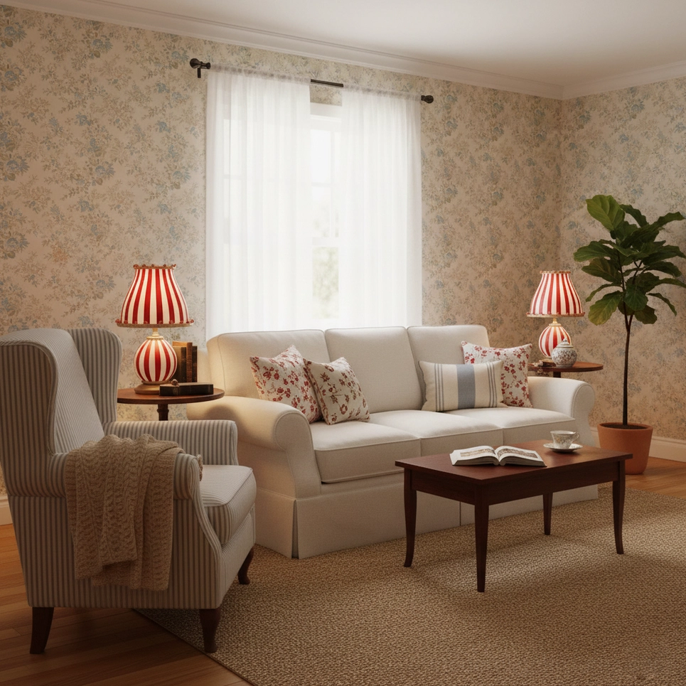 Multiple red and white striped circus table lamps in classic cozy living room with floral wallpaper
