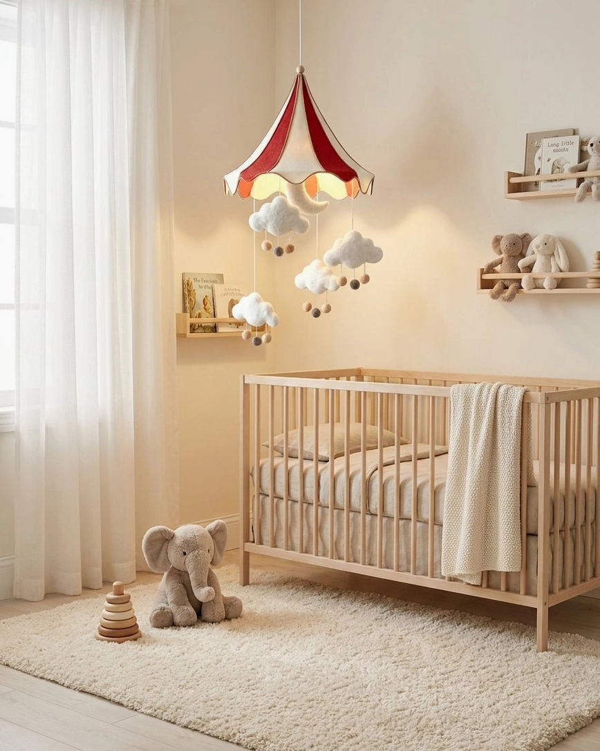 Compact neutral nursery with circus tent pendant light and wall-mounted floating shelves with toys