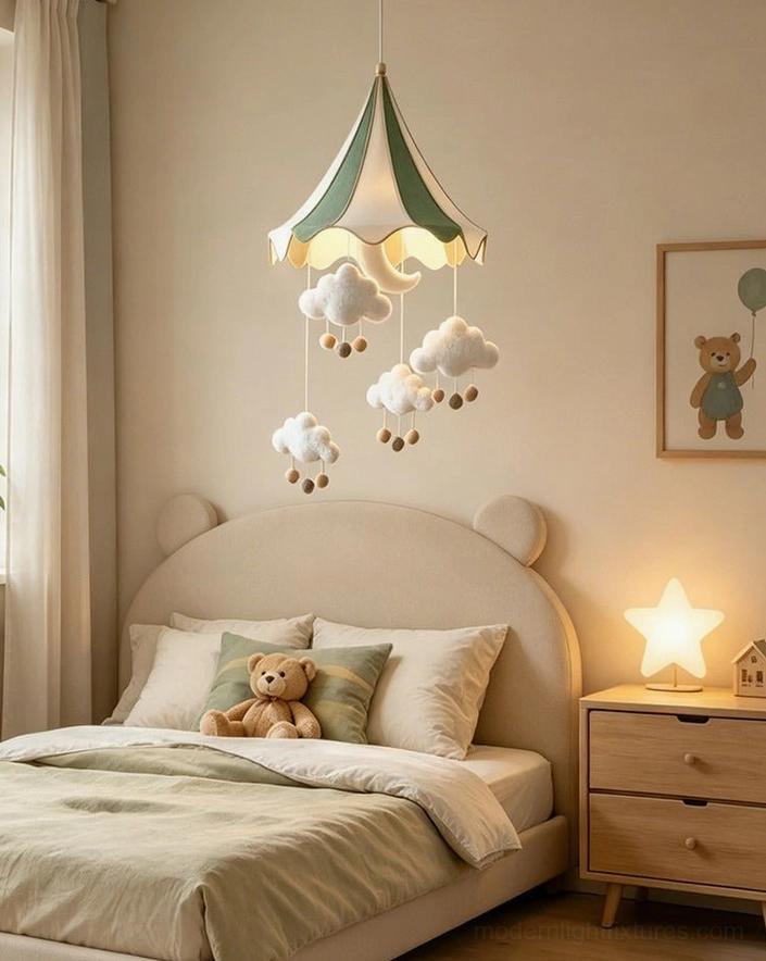 Circus tent kids pendant light in earthy toddler bedroom with star night light and teddy bear decor
