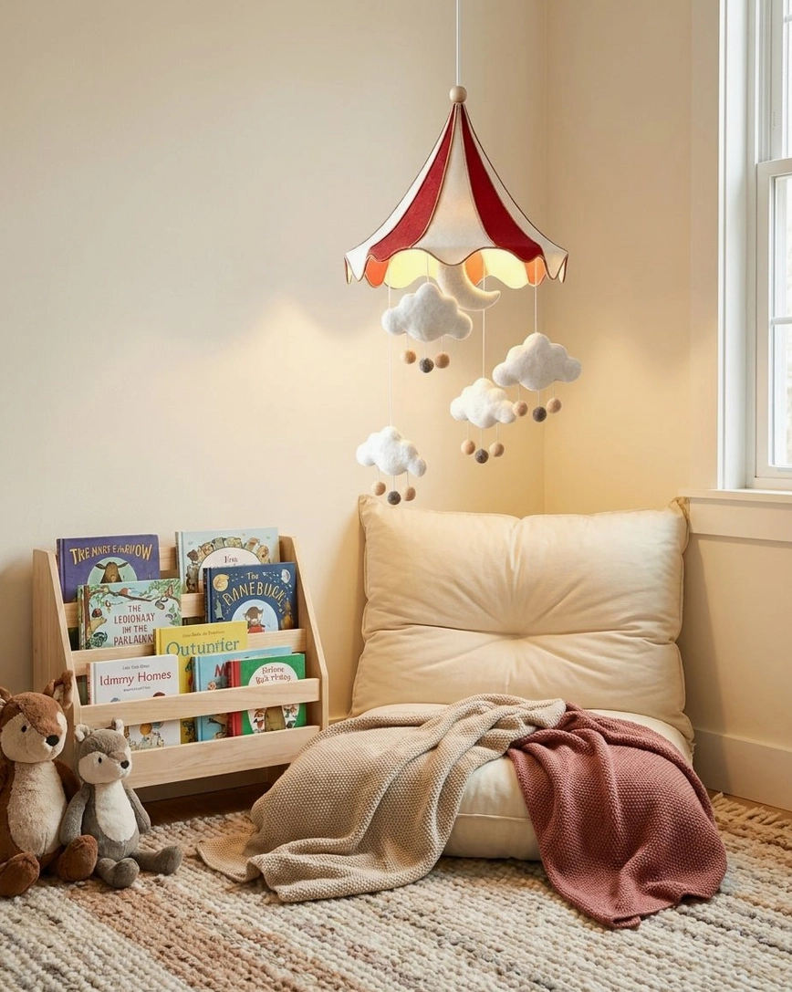 Circus tent pendant light in cozy kids reading corner with bookshelf and plush throw pillows