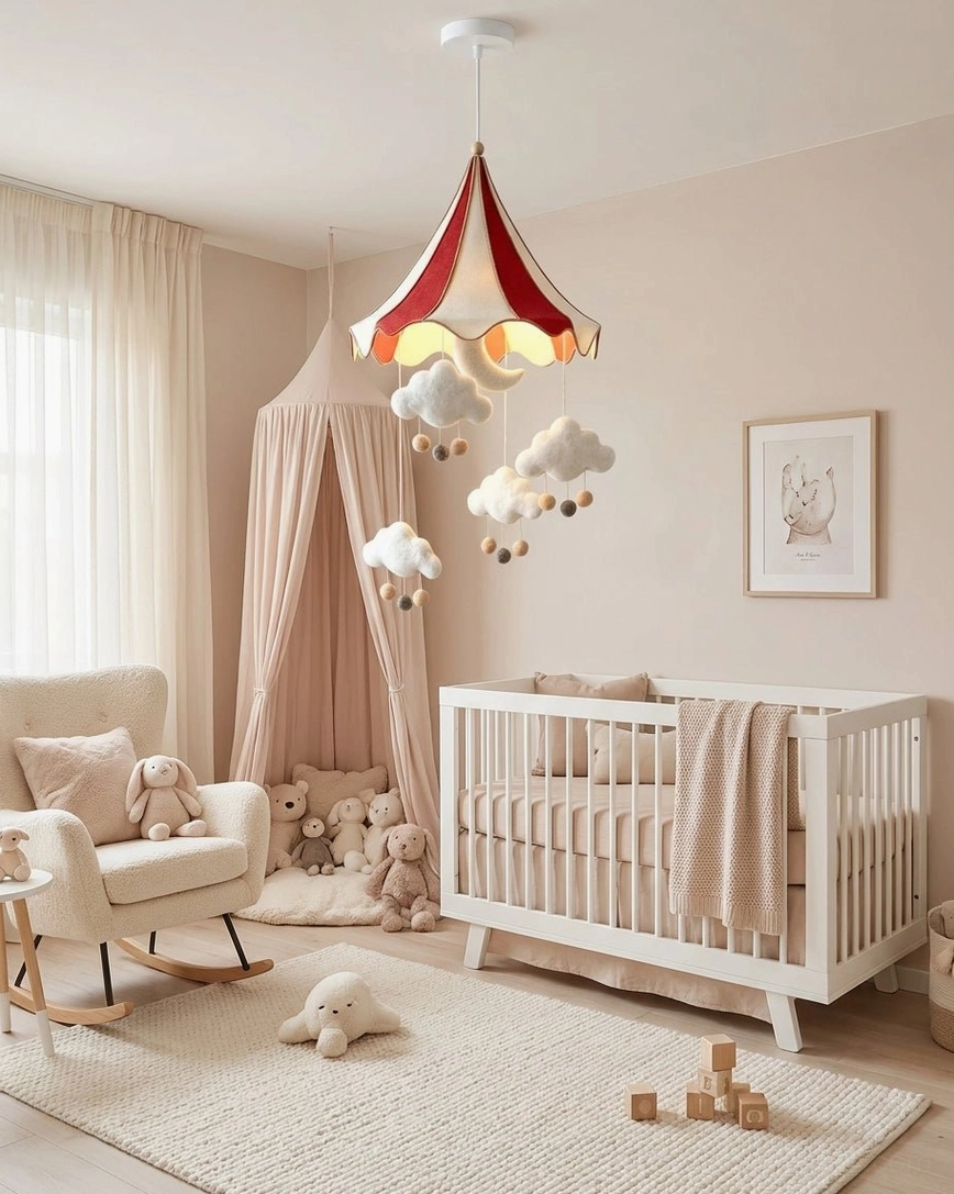 Whimsical circus tent pendant light in spacious nursery play area with rocking chair and baby furniture