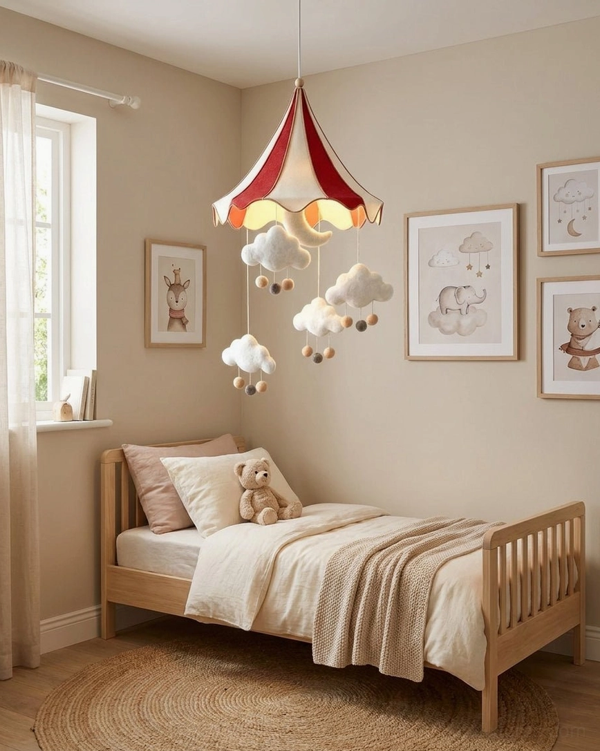 Circus tent pendant light sizing comparison between small and large models in nursery settings