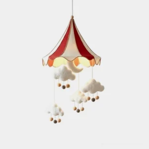Circus tent pendant light with striped fabric canopy and hanging wool-felt clouds and moon, front studio view
