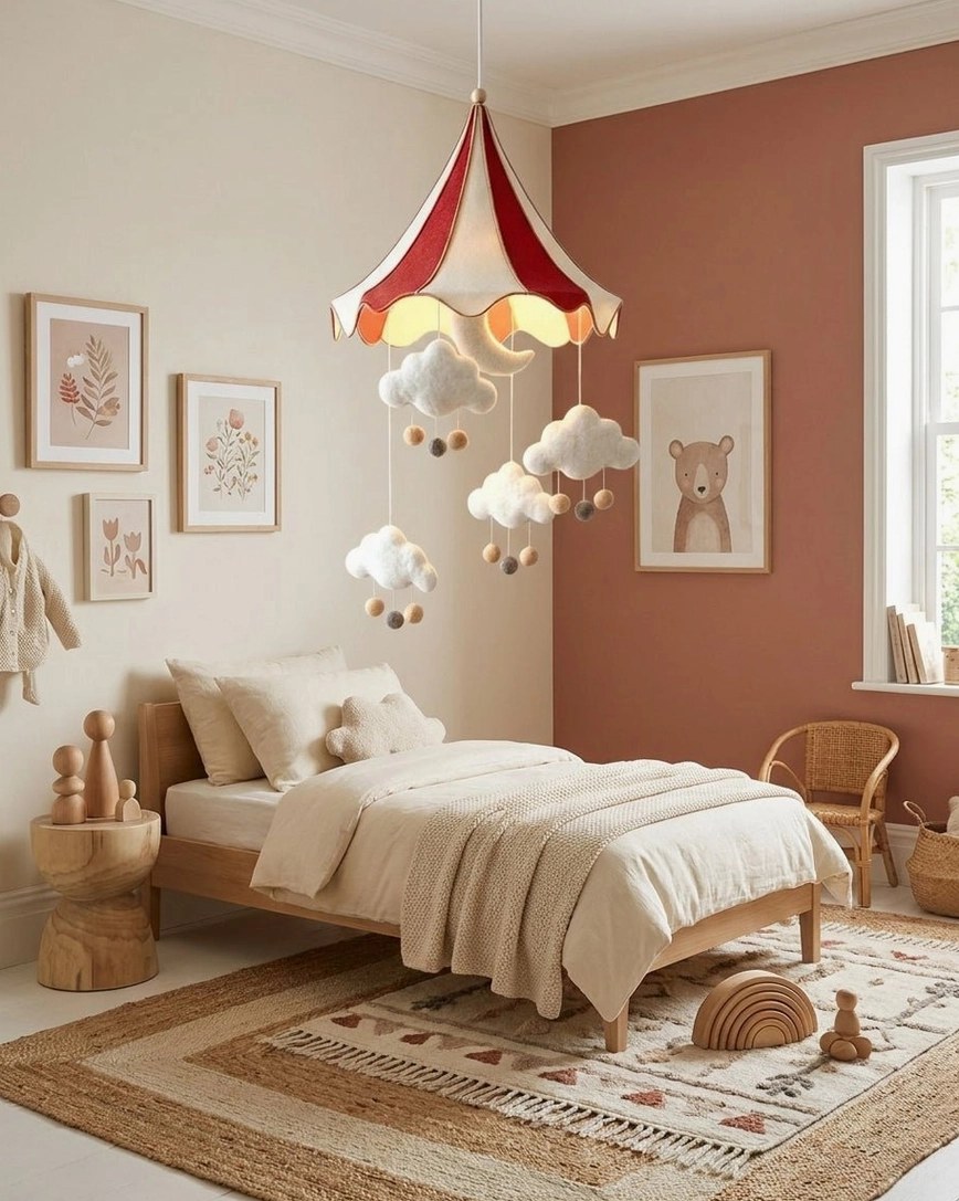 Warm accent wall children's bedroom with circus tent pendant light and framed animal art wooden furniture