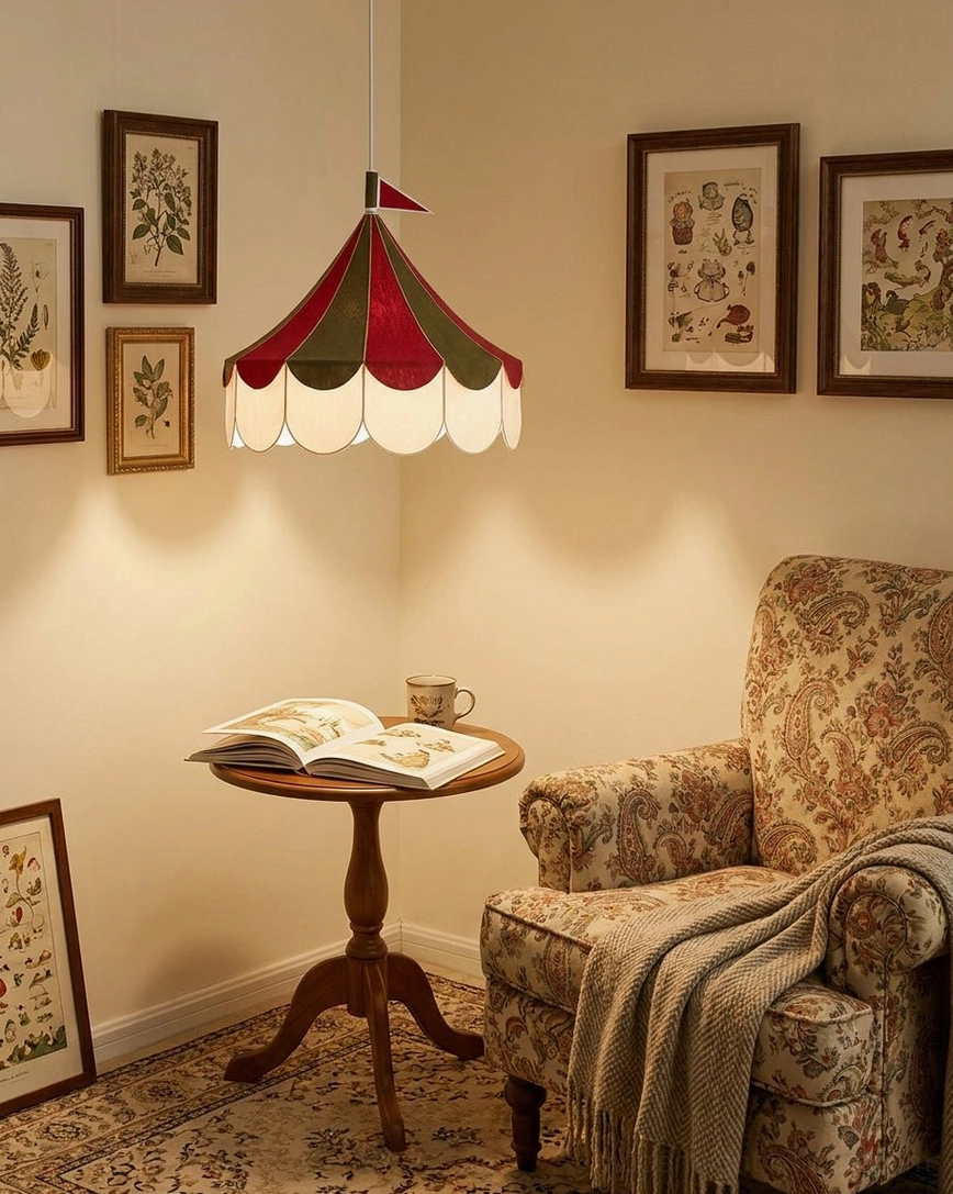 Cirelle circus tent pendant light showing iron frame and fabric tent structure with decorative top flag ornament detail