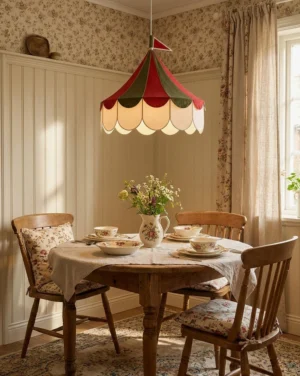 Cirelle fabric tent pendant chandelier hanging over vintage dining table with red green and cream colorway in farmhouse cottage dining room