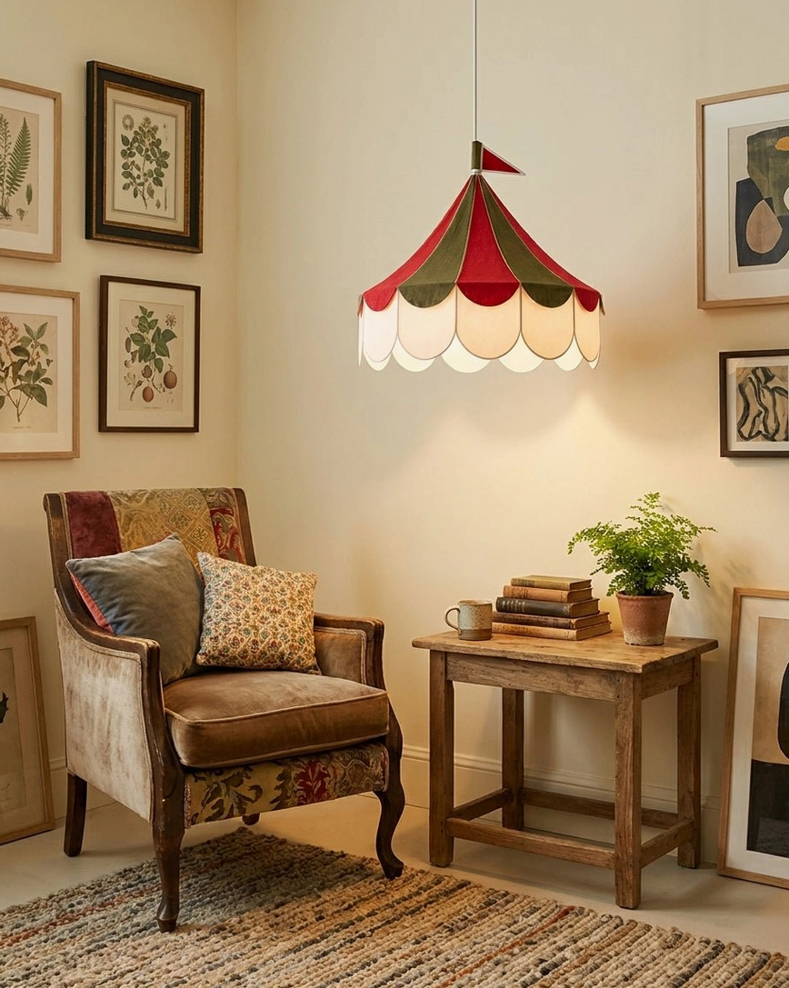 Cirelle scalloped petal valance tent pendant light in cozy reading lounge with vintage wall art and potted plant decor