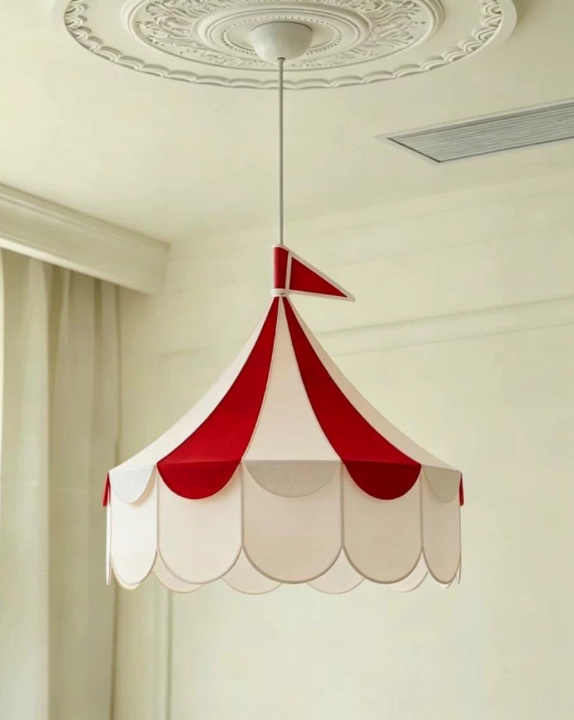 Cirelle tent canopy pendant light full product shot showing complete peaked fabric tent with scalloped valance and adjustable cord