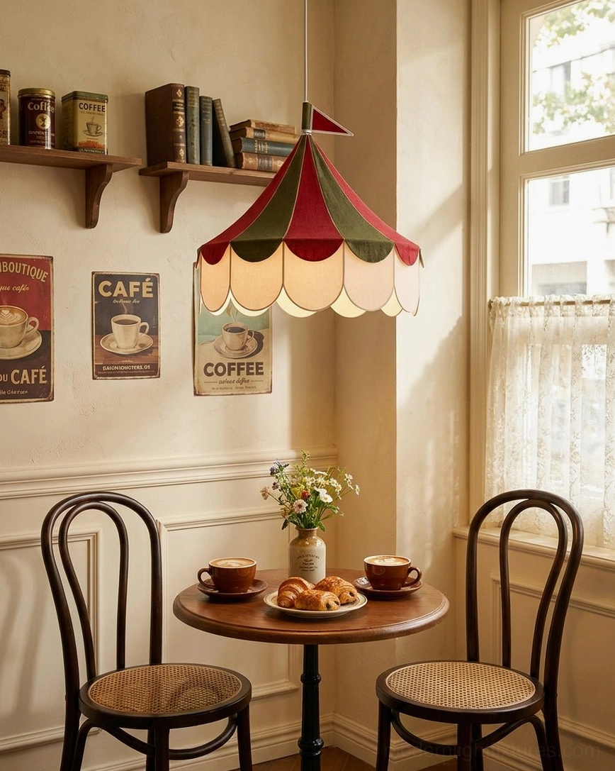 Cirelle tent canopy pendant hanging above booth seating in vintage cafe restaurant with red green cream colorway and carousel-style design