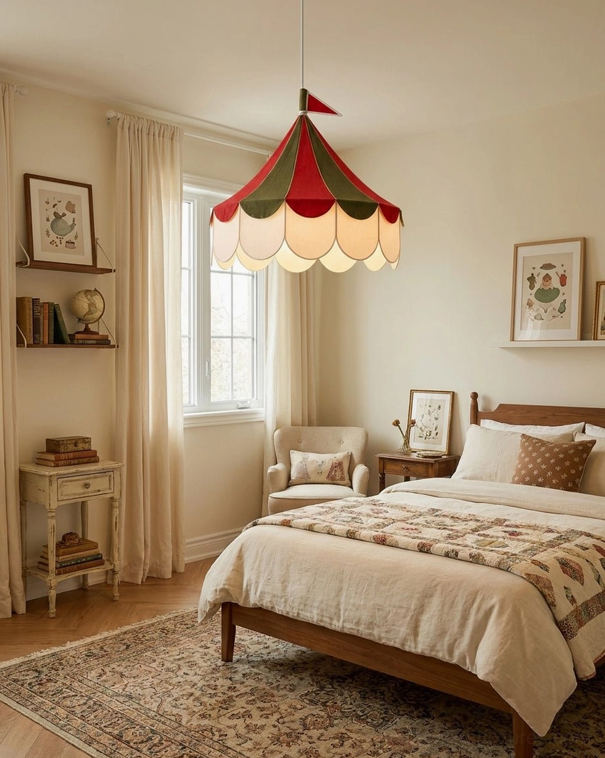 Cirelle circus tent pendant light with scalloped valance in rustic bedroom with warm ambient glow creating intimate atmosphere