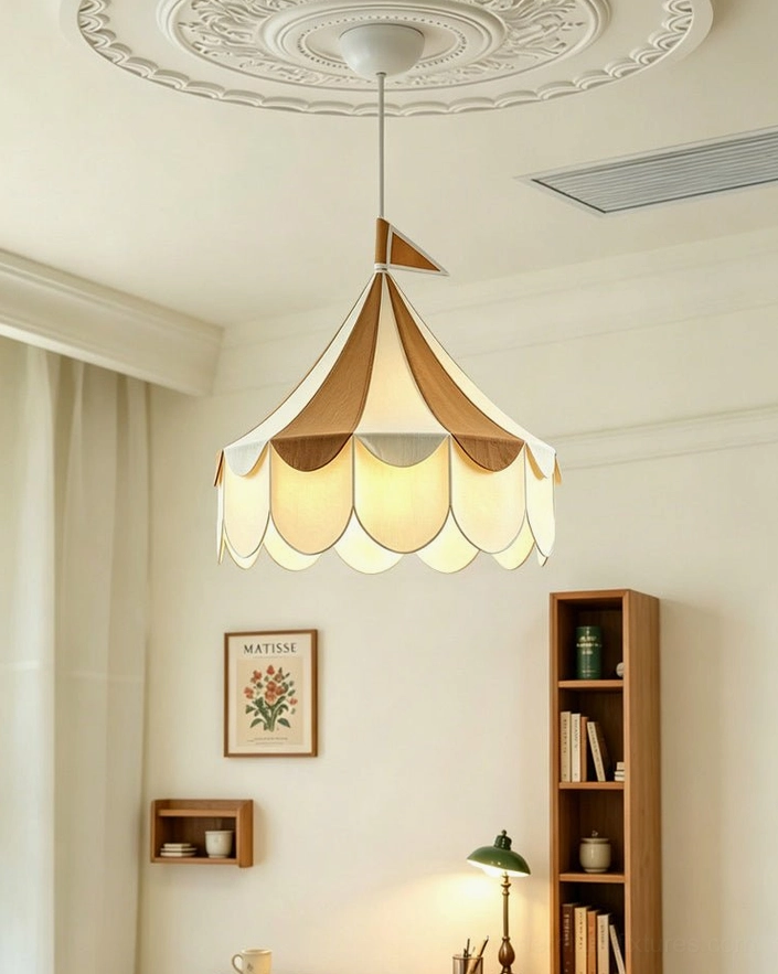 Cirelle tent pendant light illuminated from within showing warm 3000K glow through fabric canopy in vintage living room ceiling