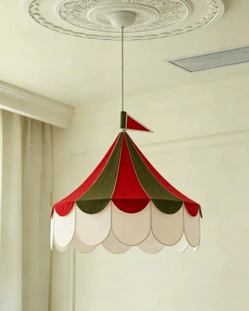 Cirelle fabric tent pendant light lifestyle shot showing whimsical circus canopy design in eclectic modern home interior