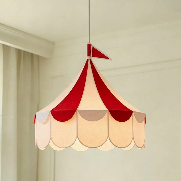 Cirelle red and cream tent pendant light with peaked fabric canopy showing warm 3000K color temperature and soft diffused lighting