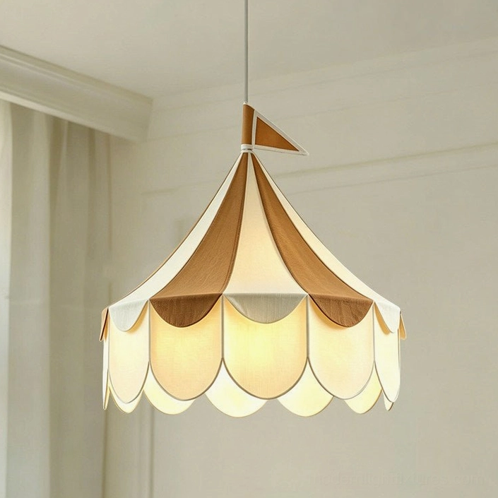 Cirelle brown and cream tent canopy pendant light in natural finish showing scalloped petal valance and warm ambient glow