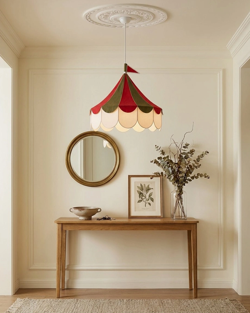 Cirelle fabric tent canopy pendant light close-up detail showing peaked top and natural textile construction with scalloped design