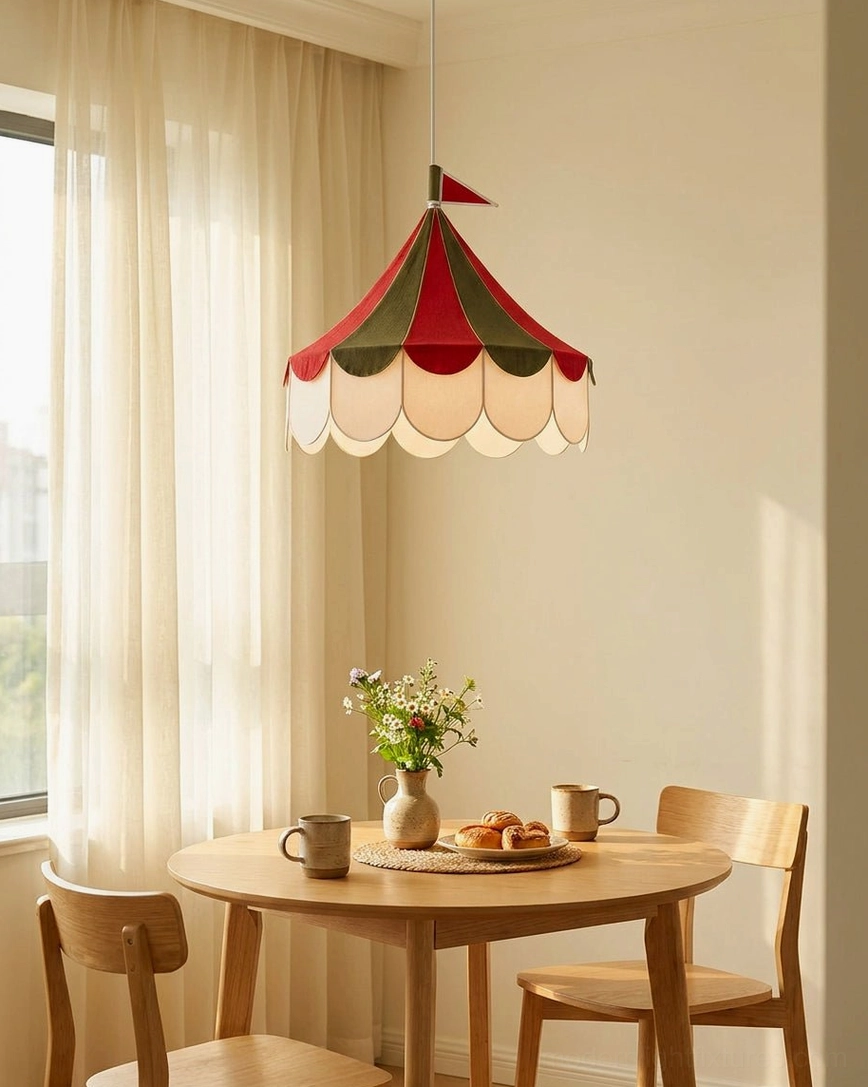 Cirelle circus tent pendant chandelier in cottage breakfast nook with floral table decor and cozy cottagecore aesthetic