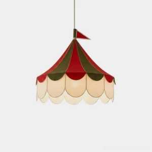 Cirelle peaked tent canopy pendant light in red and green with natural fabric tent and scalloped valance, front view on white background