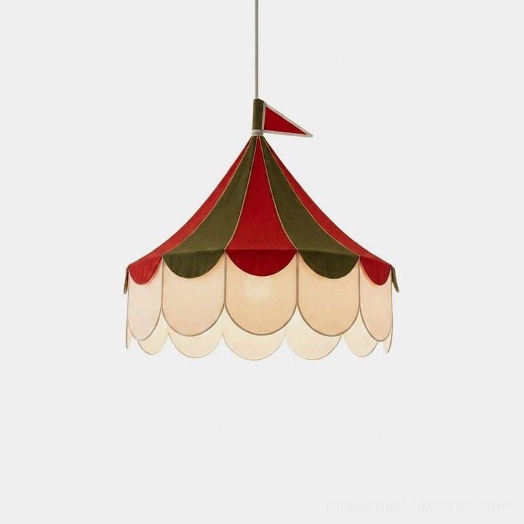 Cirelle peaked tent canopy pendant light in red and green with natural fabric tent and scalloped valance, front view on white background