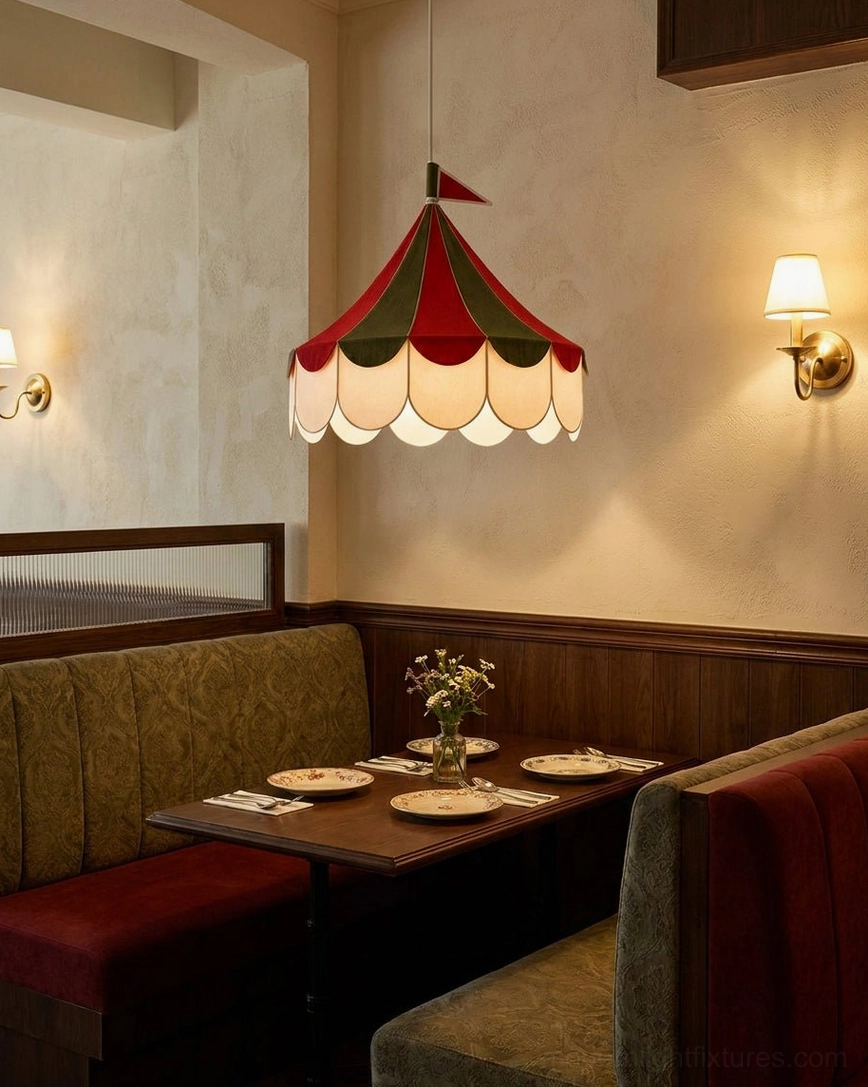 Cirelle peaked tent canopy pendant light with dual wall sconces in vintage style dining area with red green cream colorway