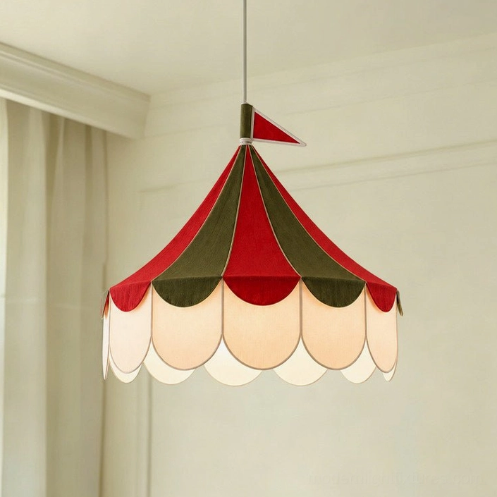 Cirelle red and green tent canopy pendant light classic colorway with natural fabric and distinctive carousel-style scalloped edge