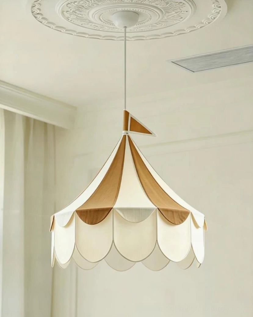 Cirelle brown and cream tent pendant light viewed from below showing scalloped fabric valance and natural fabric diffusion