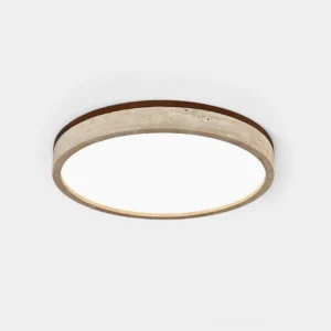 Cirona modern travertine flush mount ceiling light fixture front close-up view showing natural stone texture and warm LED glow