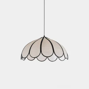 Cirrus modern petal pendant light with beige linen shade and black metal frame, front view on white background
