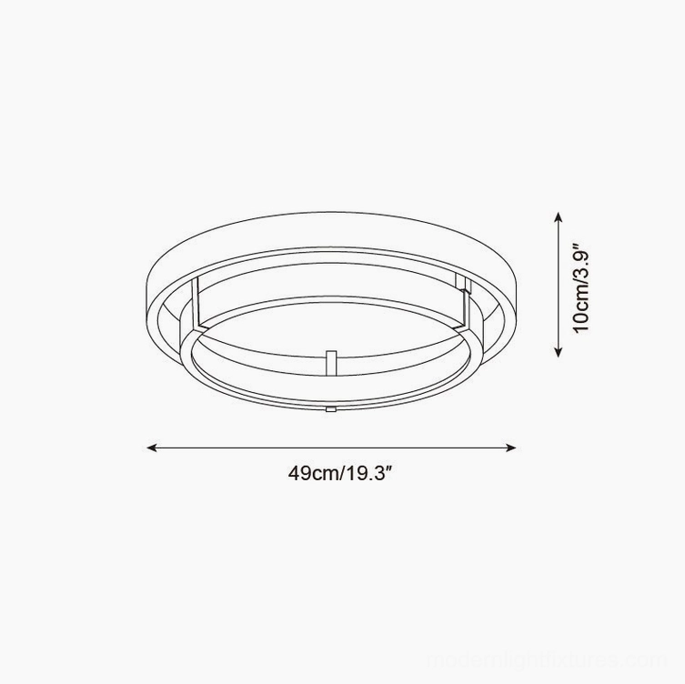 Cirvela ceiling light technical schematic, 49cm diameter x 10cm height specifications and dimensions
