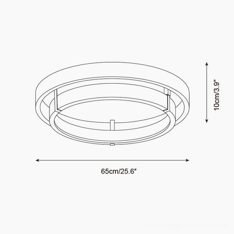 Cirvela ceiling light technical schematic, 65cm diameter x 10cm height specifications and dimensions