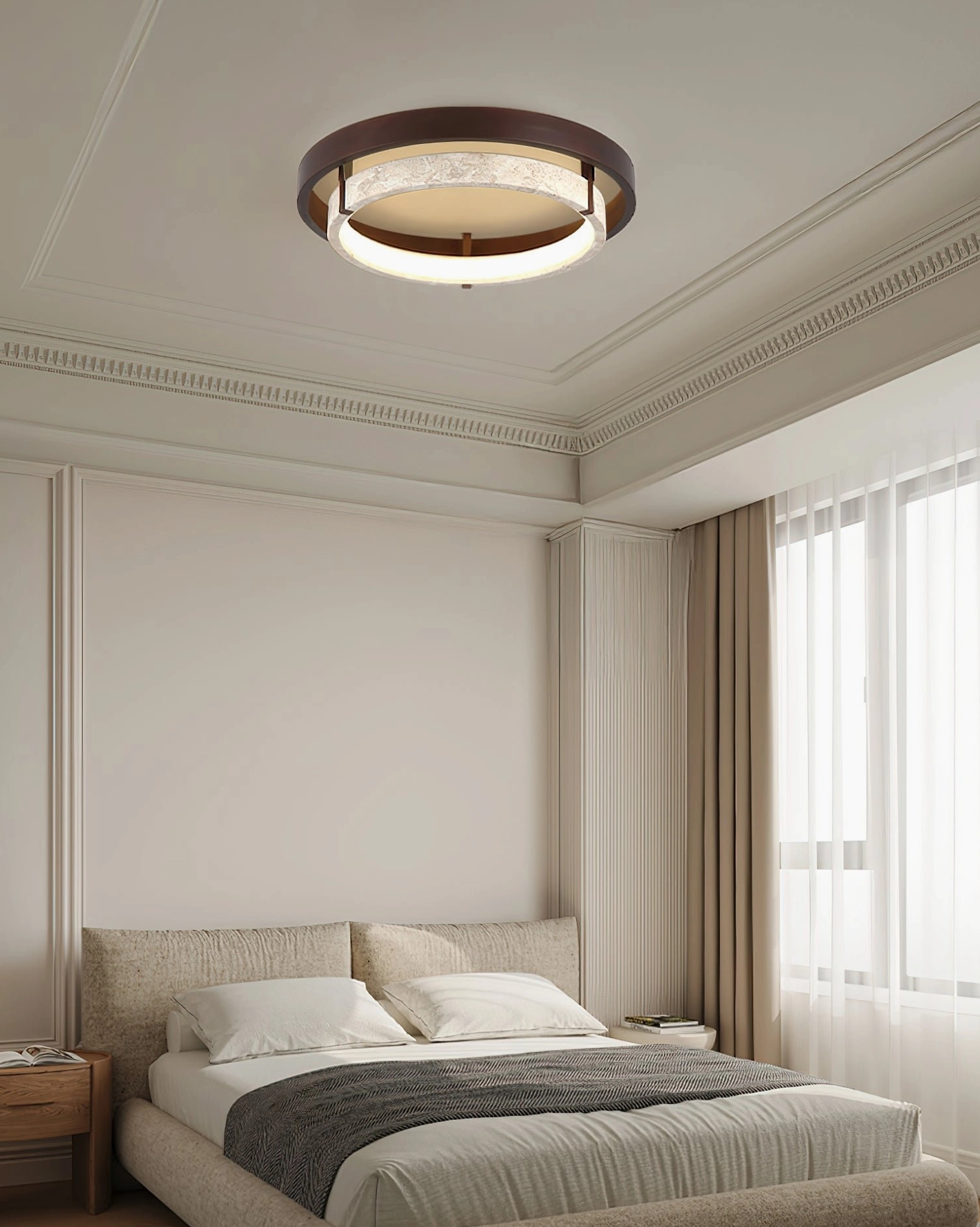 Cirvela modern ceiling fixture in minimalist traditional bedroom, wide overhead view with classic neutral design