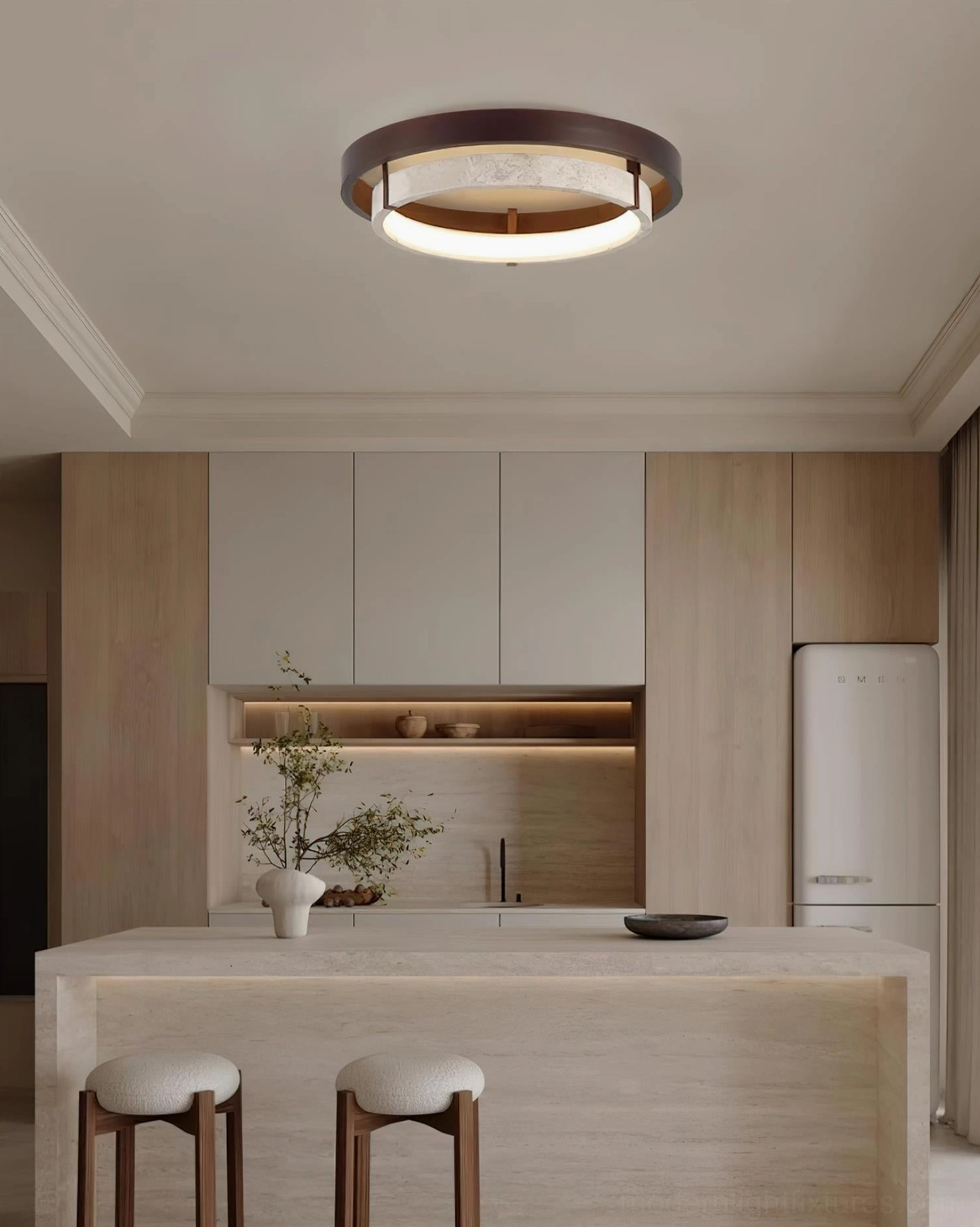 Cirvela ceiling light fixture, ambient lighting perspective in sophisticated modern interior environment