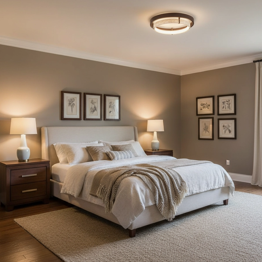 Cirvela ceiling light fixture, detailed view showing opal diffuser and integrated LED warm white 3000K lighting